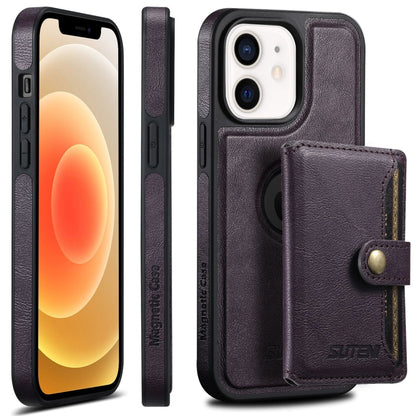 For iPhone 12  Suteni M1 Oil Wax MagSafe Detachable Horizontal Card Bag Phone Case(Purple) - iPhone 12 / 12 Pro Cases by Suteni | Online Shopping South Africa | PMC Jewellery | Buy Now Pay Later Mobicred