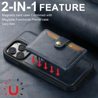 For iPhone 16 Suteni M1 Oil Wax MagSafe Detachable Horizontal Card Bag Phone Case(Blue) - iPhone 16 Cases by Suteni | Online Shopping South Africa | PMC Jewellery | Buy Now Pay Later Mobicred