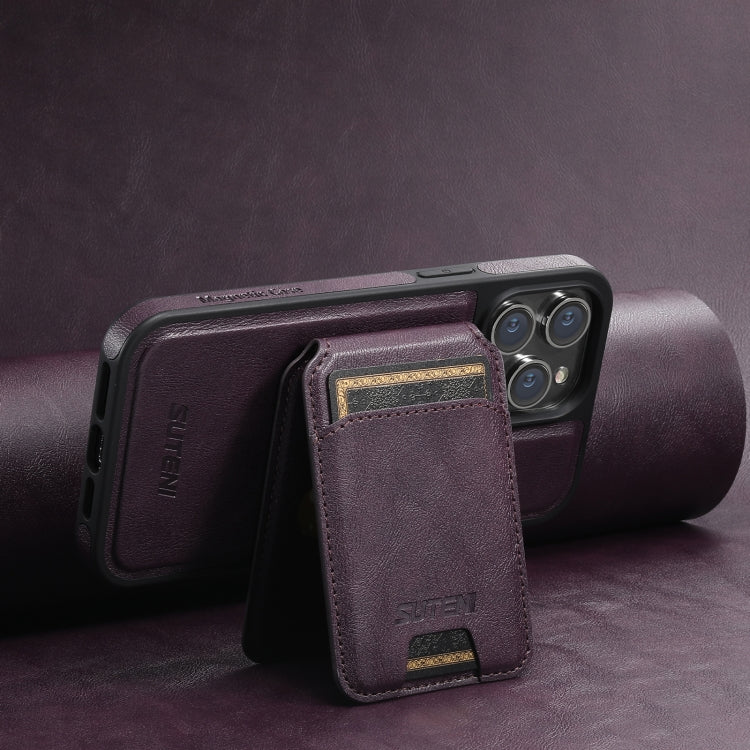 For iPhone 15 Plus Suteni M2 Oil Wax MagSafe Horizontal Card Bag Phone Case(Purple) - iPhone 15 Plus Cases by Suteni | Online Shopping South Africa | PMC Jewellery | Buy Now Pay Later Mobicred