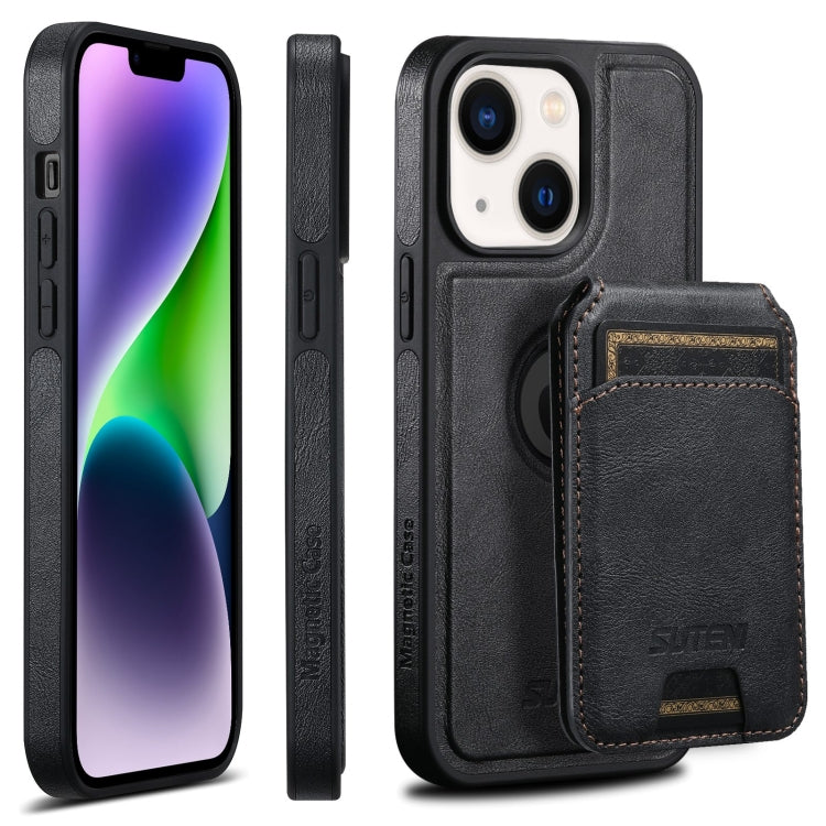 For iPhone 14 Plus Suteni M2 Oil Wax MagSafe Horizontal Card Bag Phone Case(Black) - free shipping - PMC Jewellery - Order now!
