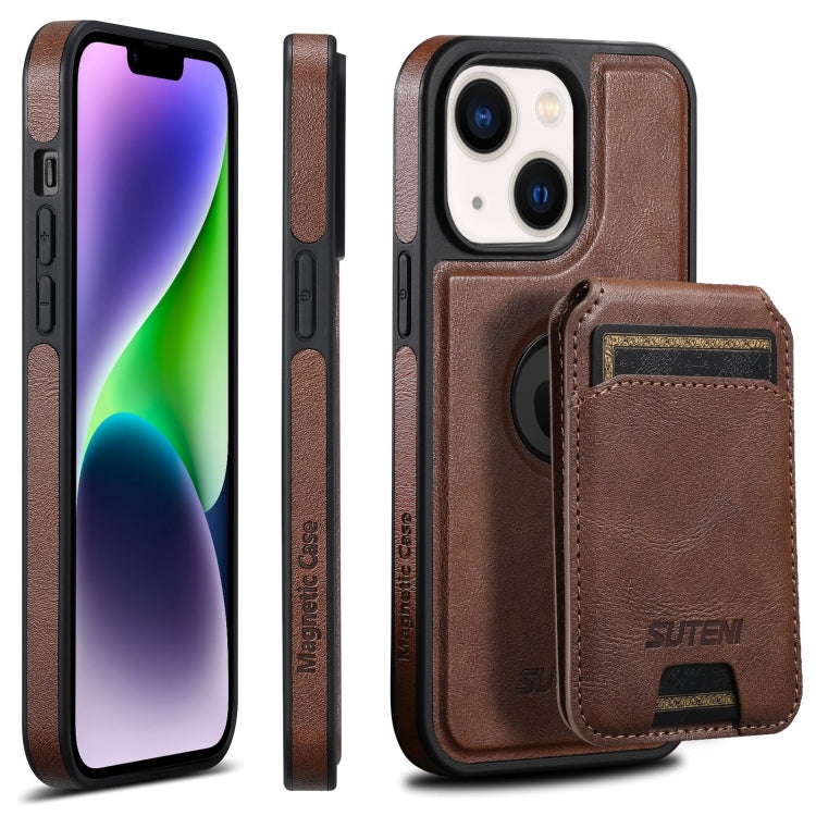 For iPhone 14 Plus Suteni M2 Oil Wax MagSafe Horizontal Card Bag Phone Case(Brown) - iPhone 14 Plus Cases by Suteni | Online Shopping South Africa | PMC Jewellery | Buy Now Pay Later Mobicred