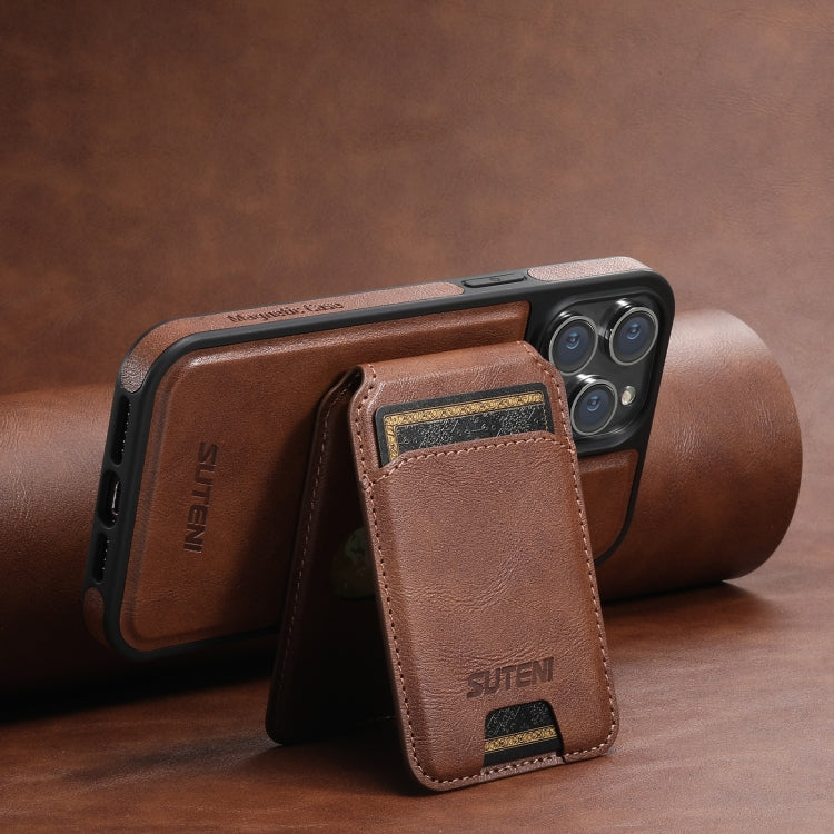 For iPhone 13 Suteni M2 Oil Wax MagSafe Horizontal Card Bag Phone Case(Brown) - iPhone 13 Cases by Suteni | Online Shopping South Africa | PMC Jewellery | Buy Now Pay Later Mobicred