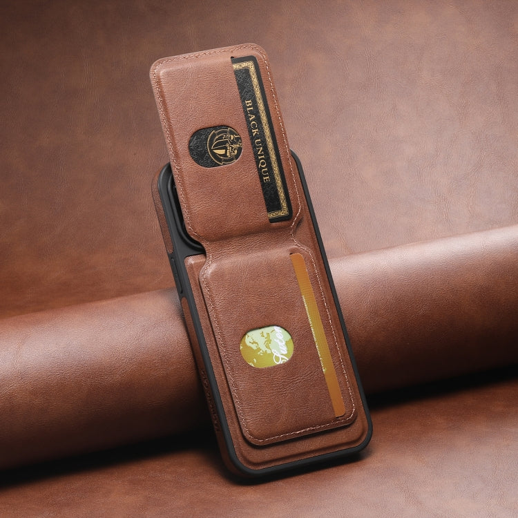 For iPhone 13 Suteni M2 Oil Wax MagSafe Horizontal Card Bag Phone Case(Brown) - iPhone 13 Cases by Suteni | Online Shopping South Africa | PMC Jewellery | Buy Now Pay Later Mobicred