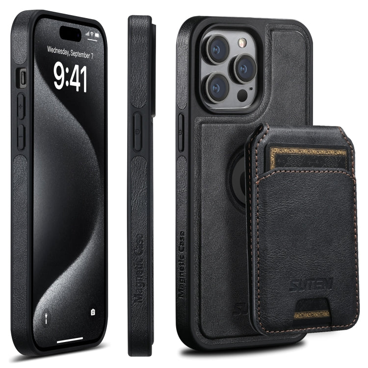 For iPhone 16 Pro Max Suteni M2 Oil Wax MagSafe Horizontal Card Bag Phone Case(Black) - free shipping - PMC Jewellery - Order now!
