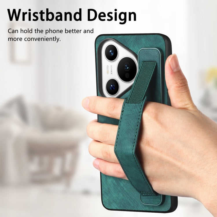 For Huawei Pura 70 Retro Wristband Holder Leather Back Phone Case(Green) - Huawei Cases by PMC Jewellery | Online Shopping South Africa | PMC Jewellery | Buy Now Pay Later Mobicred