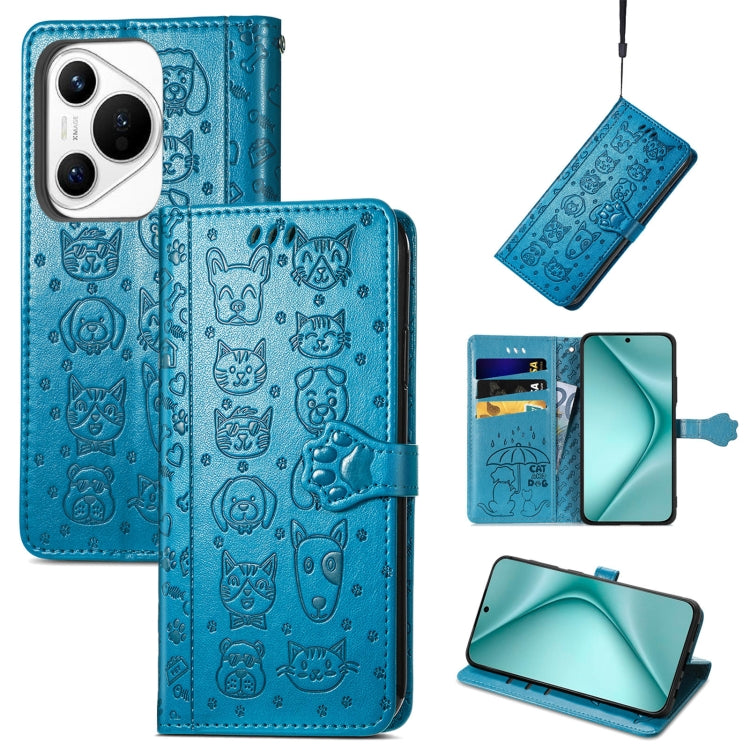 For Huawei Pura 70 Cat and Dog Embossed Leather Phone Case(Blue) - Huawei Cases by PMC Jewellery | Online Shopping South Africa | PMC Jewellery | Buy Now Pay Later Mobicred