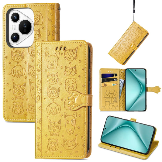 For Huawei Pura 70 Cat and Dog Embossed Leather Phone Case(Yellow) - Huawei Cases by PMC Jewellery | Online Shopping South Africa | PMC Jewellery | Buy Now Pay Later Mobicred