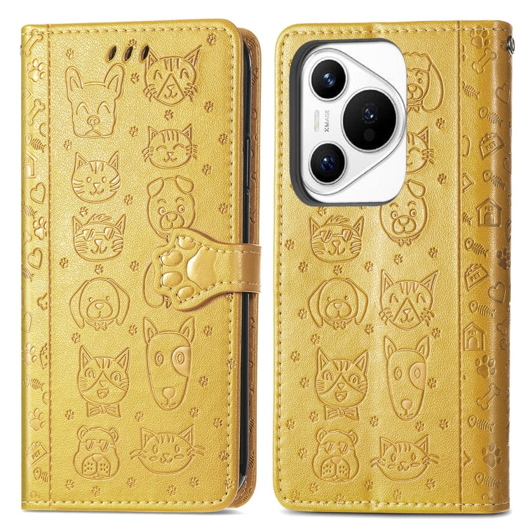 For Huawei Pura 70 Cat and Dog Embossed Leather Phone Case(Yellow) - Huawei Cases by PMC Jewellery | Online Shopping South Africa | PMC Jewellery | Buy Now Pay Later Mobicred
