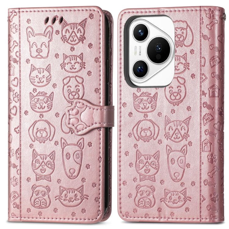 For Huawei Pura 70 Cat and Dog Embossed Leather Phone Case(Rose Gold) - Huawei Cases by PMC Jewellery | Online Shopping South Africa | PMC Jewellery | Buy Now Pay Later Mobicred