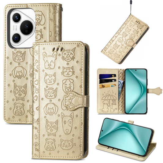 For Huawei Pura 70 Cat and Dog Embossed Leather Phone Case(Gold) - Huawei Cases by PMC Jewellery | Online Shopping South Africa | PMC Jewellery | Buy Now Pay Later Mobicred