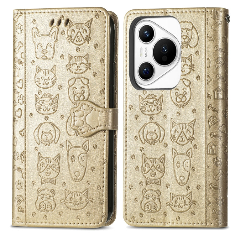 For Huawei Pura 70 Cat and Dog Embossed Leather Phone Case(Gold) - Huawei Cases by PMC Jewellery | Online Shopping South Africa | PMC Jewellery | Buy Now Pay Later Mobicred