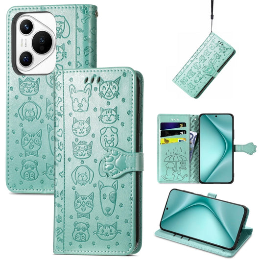 For Huawei Pura 70 Cat and Dog Embossed Leather Phone Case(Green) - Huawei Cases by PMC Jewellery | Online Shopping South Africa | PMC Jewellery | Buy Now Pay Later Mobicred