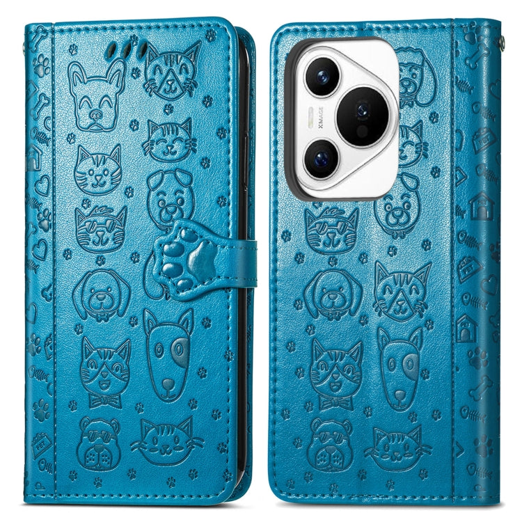For Huawei Pura 70 Pro Cat and Dog Embossed Leather Phone Case(Blue) - Huawei Cases by PMC Jewellery | Online Shopping South Africa | PMC Jewellery | Buy Now Pay Later Mobicred