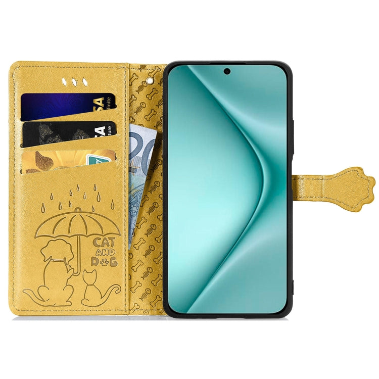 For Huawei Pura 70 Pro+ Cat and Dog Embossed Leather Phone Case(Yellow) - Huawei Cases by PMC Jewellery | Online Shopping South Africa | PMC Jewellery | Buy Now Pay Later Mobicred