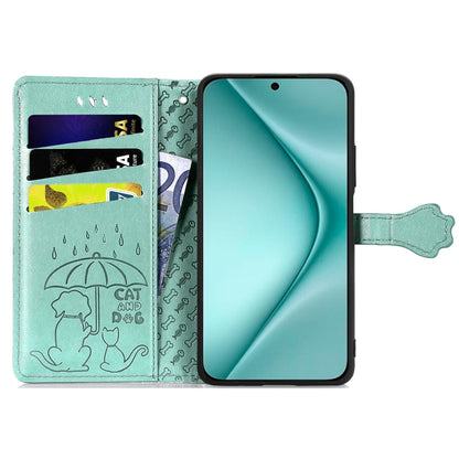 For Huawei Pura 70 Pro+ Cat and Dog Embossed Leather Phone Case(Green) - Huawei Cases by PMC Jewellery | Online Shopping South Africa | PMC Jewellery | Buy Now Pay Later Mobicred