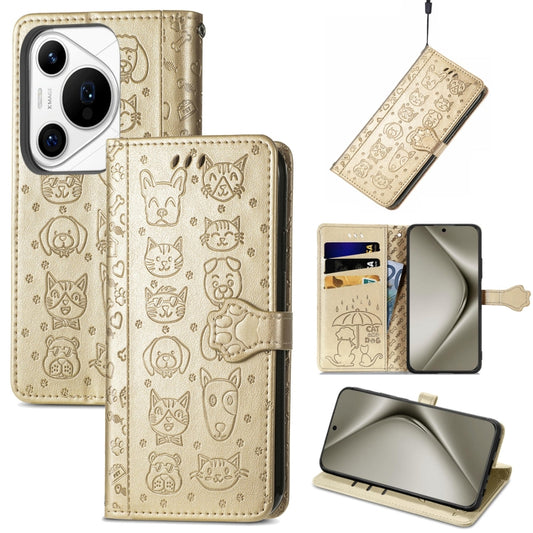 For Huawei Pura 70 Ultra Cat and Dog Embossed Leather Phone Case(Gold) - Huawei Cases by PMC Jewellery | Online Shopping South Africa | PMC Jewellery | Buy Now Pay Later Mobicred