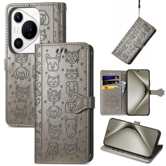 For Huawei Pura 70 Ultra Cat and Dog Embossed Leather Phone Case(Gray) - Huawei Cases by PMC Jewellery | Online Shopping South Africa | PMC Jewellery | Buy Now Pay Later Mobicred