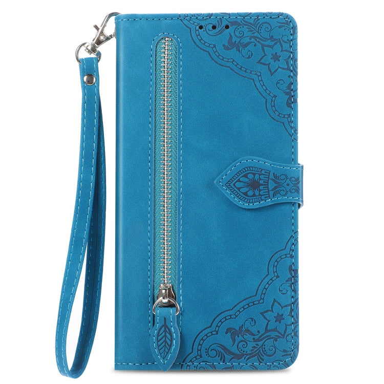 For Huawei Pura 70 Pro+ Embossed Flower Zipper Leather Phone Case(Blue) - Huawei Cases by PMC Jewellery | Online Shopping South Africa | PMC Jewellery | Buy Now Pay Later Mobicred