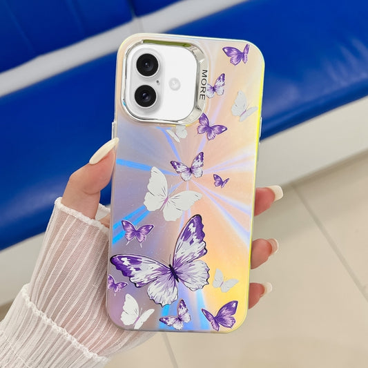 For iPhone 16 Electroplating Laser Butterfly Phone Case(White Purple Butterflies AB6) - iPhone 16 Cases by PMC Jewellery | Online Shopping South Africa | PMC Jewellery | Buy Now Pay Later Mobicred