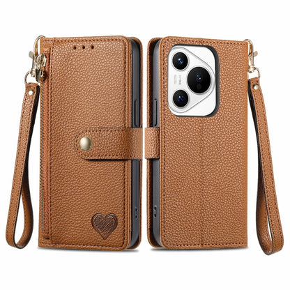 For Huawei Pura 70 Love Zipper Lanyard Leather Phone Case(Brown) - Huawei Cases by PMC Jewellery | Online Shopping South Africa | PMC Jewellery | Buy Now Pay Later Mobicred