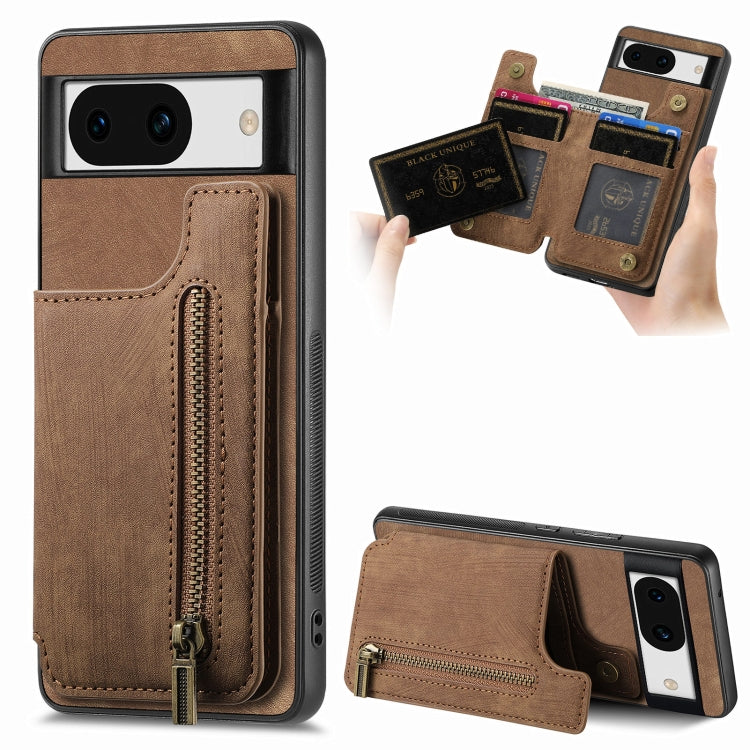 For Google Pixel 9 / 9 Pro Retro Leather Zipper Wallet Back Phone Case(Brown) - Google Cases by PMC Jewellery | Online Shopping South Africa | PMC Jewellery | Buy Now Pay Later Mobicred