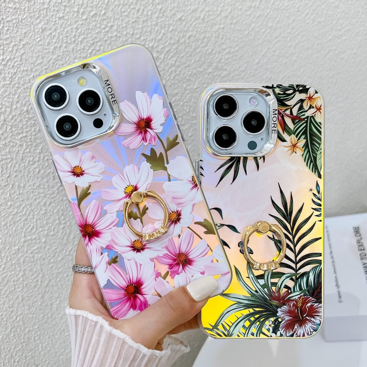 For iPhone 16 Electroplating Laser Flower Ring Holder TPU Phone Case(Leaves AH12) - iPhone 16 Cases by PMC TechLife | Online Shopping South Africa | PMC TechLife | Buy Now Pay Later Mobicred