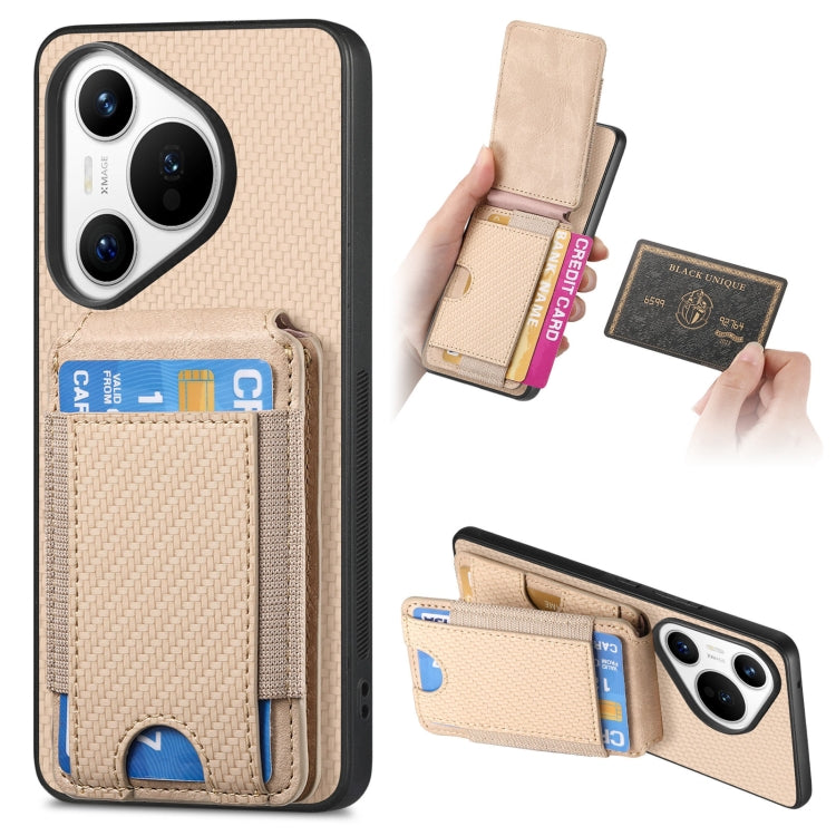 For Huawei Pura 70 Ultra Carbon Fiber Vertical Flip Wallet Stand Phone Case(Khaki) - Huawei Cases by PMC Jewellery | Online Shopping South Africa | PMC Jewellery | Buy Now Pay Later Mobicred