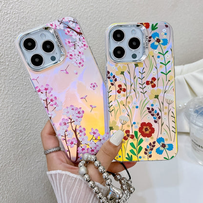 For iPhone 16 Electroplating Laser Flower Phone Case with Wrist Strap(Flower AH6) - iPhone 16 Cases by PMC Jewellery | Online Shopping South Africa | PMC Jewellery | Buy Now Pay Later Mobicred