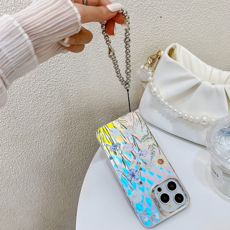 For iPhone 16 Electroplating Laser Flower Phone Case with Wrist Strap(Myosotis AH2) - iPhone 16 Cases by PMC TechLife | Online Shopping South Africa | PMC TechLife | Buy Now Pay Later Mobicred