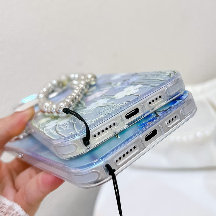 For iPhone 16 Plus Electroplating Laser Flower Phone Case with Wrist Strap(Zinnia AH9) - iPhone 16 Plus Cases by PMC TechLife | Online Shopping South Africa | PMC TechLife | Buy Now Pay Later Mobicred