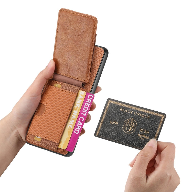 For Motorola Moto E40 Carbon Fiber Vertical Flip Wallet Stand Phone Case(Brown) - Motorola Cases by PMC TechLife | Online Shopping South Africa | PMC TechLife | Buy Now Pay Later Mobicred
