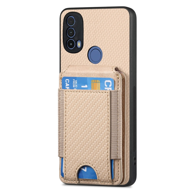 For Motorola Moto E40 Carbon Fiber Vertical Flip Wallet Stand Phone Case(Khaki) - Motorola Cases by PMC TechLife | Online Shopping South Africa | PMC TechLife | Buy Now Pay Later Mobicred