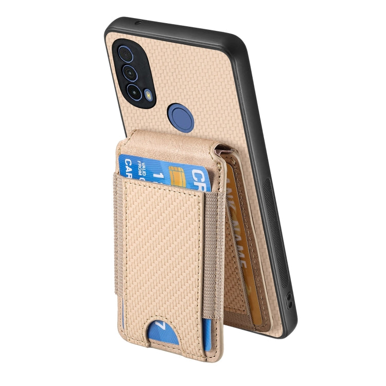 For Motorola Moto E40 Carbon Fiber Vertical Flip Wallet Stand Phone Case(Khaki) - Motorola Cases by PMC TechLife | Online Shopping South Africa | PMC TechLife | Buy Now Pay Later Mobicred
