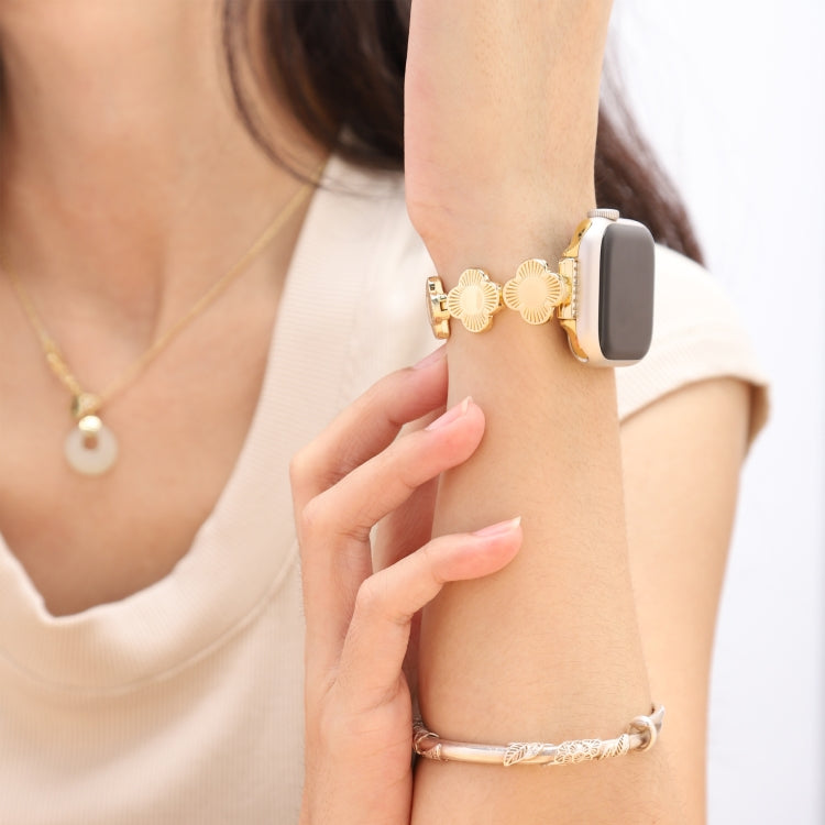 For Apple Watch Series 9 41mm Four Leaf Clover Quick-Release Metal Chain Watch Band(Gold) - free shipping - PMC TechLife - Order now!