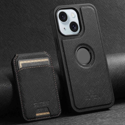 For iPhone 15 Plus Suteni M2 Cross-Grain MagSafe Vertical Card Back Phone Case(Black) - iPhone 15 Plus Cases by Suteni | Online Shopping South Africa | PMC Jewellery | Buy Now Pay Later Mobicred