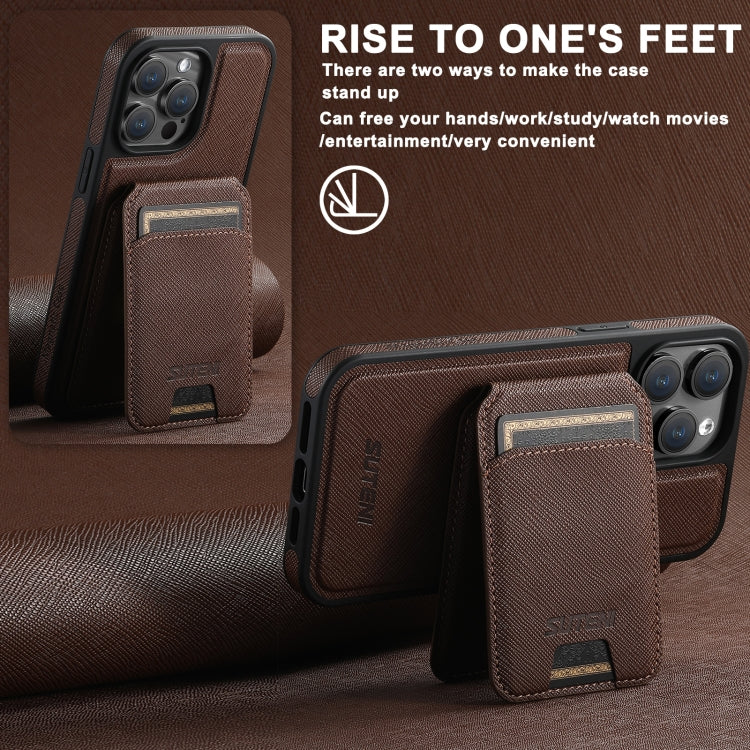 For iPhone 16 Suteni M2 Cross-Grain MagSafe Vertical Card Back Phone Case(Brown) - free shipping - PMC Jewellery - Order now!