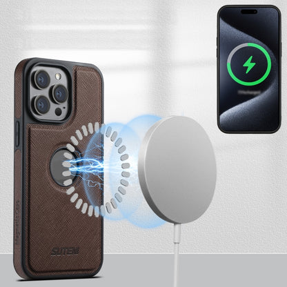 For iPhone 16 Pro Suteni M2 Cross-Grain MagSafe Vertical Card Back Phone Case(Brown) - iPhone 16 Pro Cases by Suteni | Online Shopping South Africa | PMC Jewellery | Buy Now Pay Later Mobicred