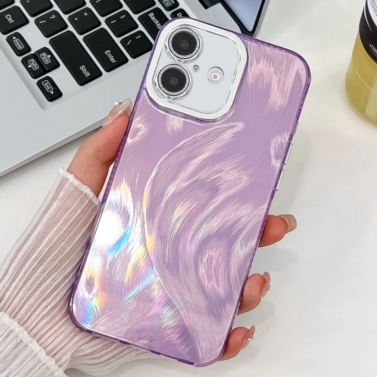 For iPhone 16 Plating Glitter Texture TPU Phone Case with Lens Film(Purple Feather Yarn) - iPhone 16 Cases by PMC TechLife | Online Shopping South Africa | PMC TechLife | Buy Now Pay Later Mobicred