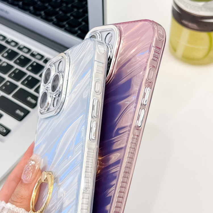 For iPhone 16 Plus Plating Glitter Texture Ring Holder TPU Phone Case with Lens Film(White Water Ripples) - free shipping - PMC TechLife - Order now!