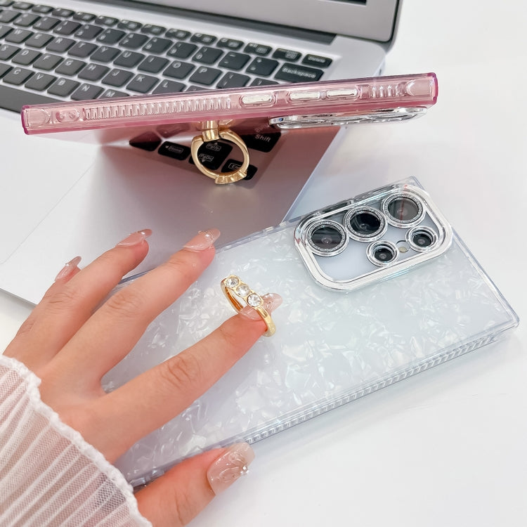 For Samsung Galaxy S25 Ultra 5G Plating Glitter Texture Ring Holder TPU Phone Case with Lens Film(Pink Shell Pattern) - Galaxy S25 Ultra 5G Cases by PMC Jewellery | Online Shopping South Africa | PMC Jewellery | Buy Now Pay Later Mobicred