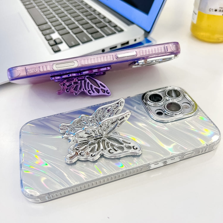 For iPhone 16 Pro Plating Glitter Texture Butterfly Holder TPU Phone Case with Lens Film(Pink Wrinkles) - iPhone 16 Pro Cases by PMC TechLife | Online Shopping South Africa | PMC TechLife | Buy Now Pay Later Mobicred