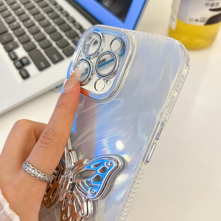 For iPhone 16e Plating Glitter Texture Butterfly Holder TPU Phone Case with Lens Film(Purple Shell Pattern) - free shipping - PMC TechLife - Order now!