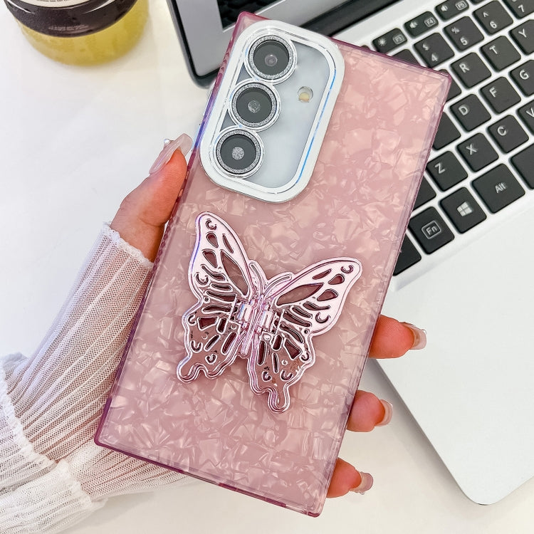 For Samsung Galaxy S25 5G Plating Glitter Texture Butterfly Holder TPU Phone Case with Lens Film(Pink Shell Pattern) - Galaxy S25 5G Cases by PMC Jewellery | Online Shopping South Africa | PMC Jewellery | Buy Now Pay Later Mobicred