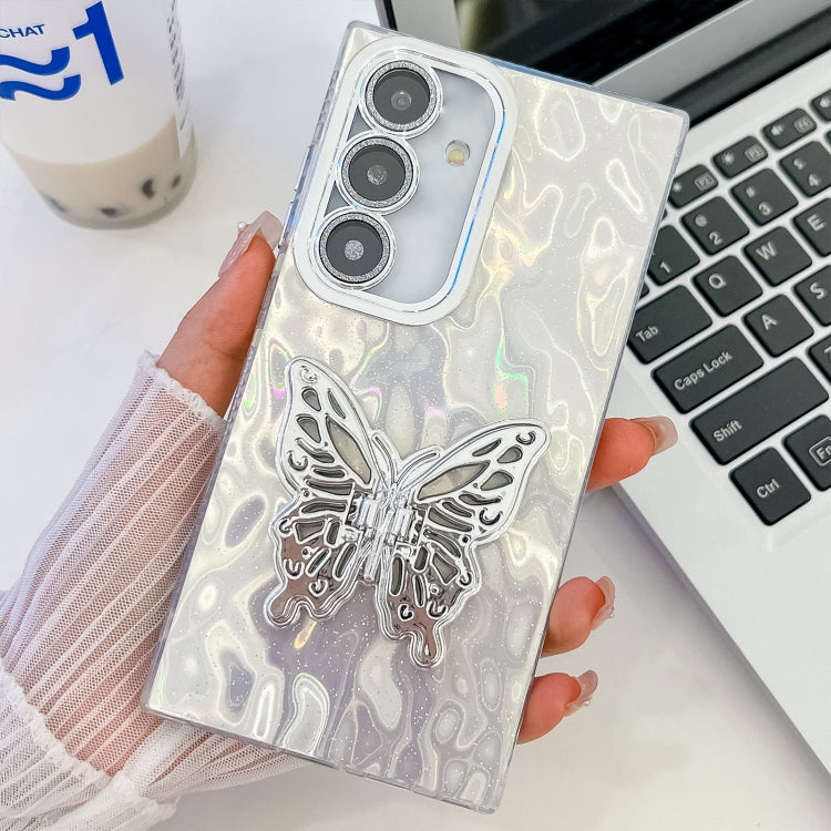 For Samsung Galaxy S25 5G Plating Glitter Texture Butterfly Holder TPU Phone Case with Lens Film(White Wrinkles) - Galaxy S25 5G Cases by PMC Jewellery | Online Shopping South Africa | PMC Jewellery | Buy Now Pay Later Mobicred