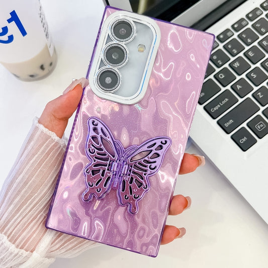 For Samsung Galaxy S25 5G Plating Glitter Texture Butterfly Holder TPU Phone Case with Lens Film(Purple Wrinkles) - Galaxy S25 5G Cases by PMC Jewellery | Online Shopping South Africa | PMC Jewellery | Buy Now Pay Later Mobicred