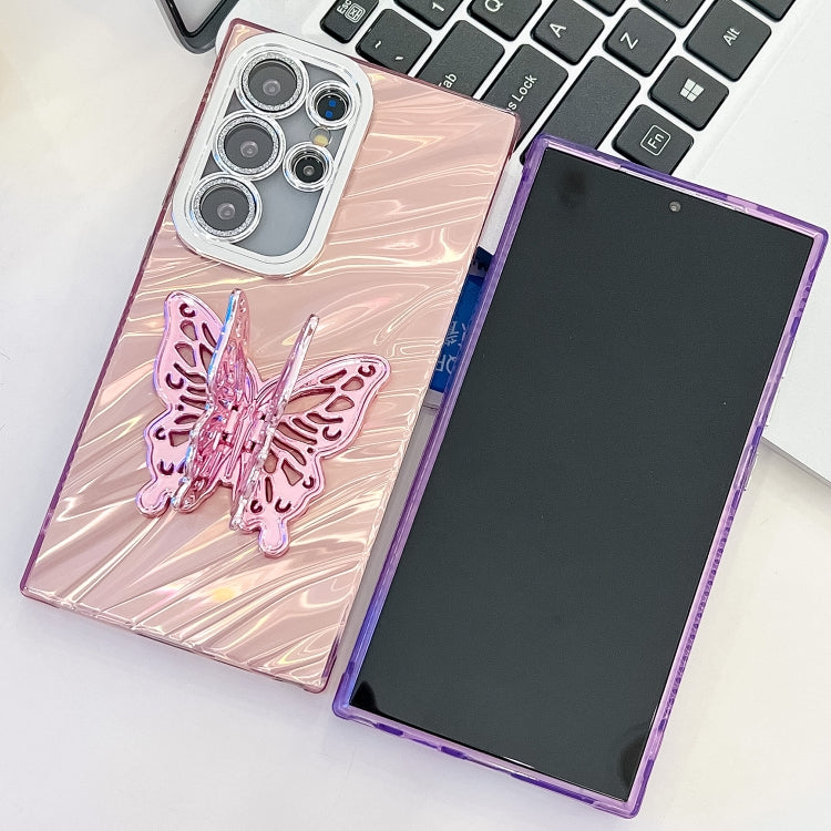 For Samsung Galaxy S25 5G Plating Glitter Texture Butterfly Holder TPU Phone Case with Lens Film(Purple Wrinkles) - Galaxy S25 5G Cases by PMC Jewellery | Online Shopping South Africa | PMC Jewellery | Buy Now Pay Later Mobicred