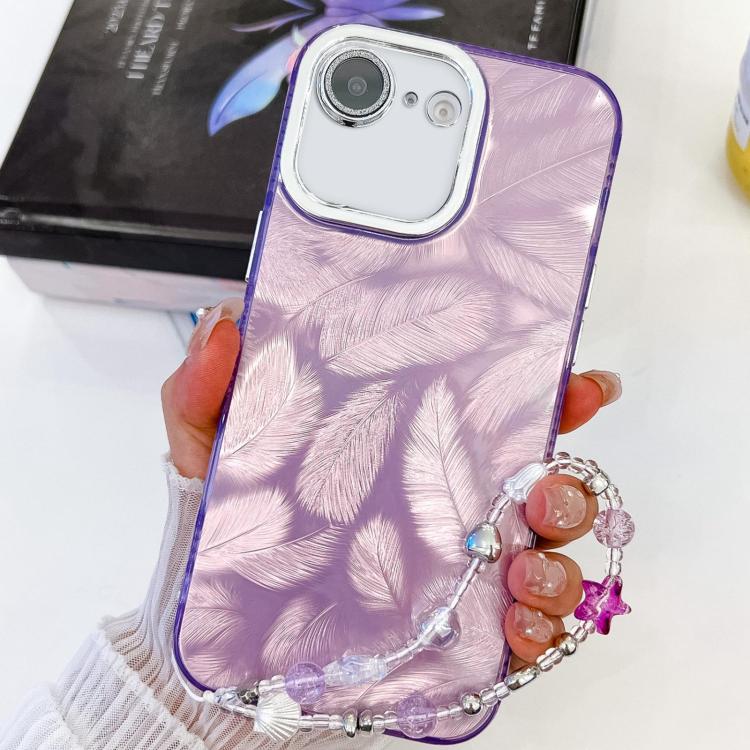 For iPhone 16e Plating Glitter Texture Chain Wristband TPU Phone Case with Lens Film(Purple Feathers) - iPhone 16e Cases by PMC TechLife | Online Shopping South Africa | PMC TechLife | Buy Now Pay Later Mobicred