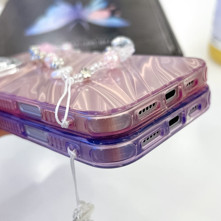 For iPhone 16e Plating Glitter Texture Chain Wristband TPU Phone Case with Lens Film(Pink Feathers) - iPhone 16e Cases by PMC TechLife | Online Shopping South Africa | PMC TechLife | Buy Now Pay Later Mobicred