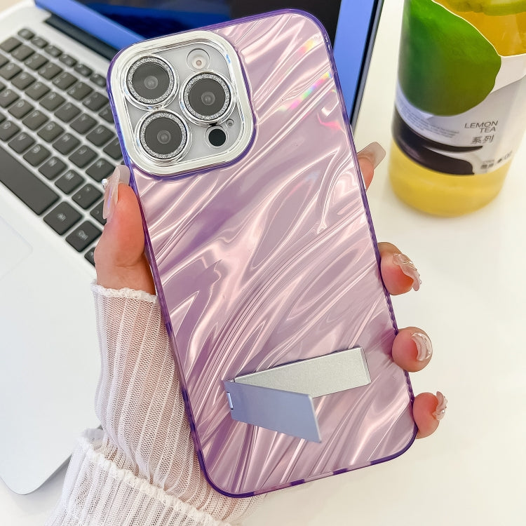 For iPhone 16e Plating Glitter Texture Fold Holder TPU Phone Case with Lens Film(Pink Water Ripples) - iPhone 16e Cases by PMC TechLife | Online Shopping South Africa | PMC TechLife | Buy Now Pay Later Mobicred