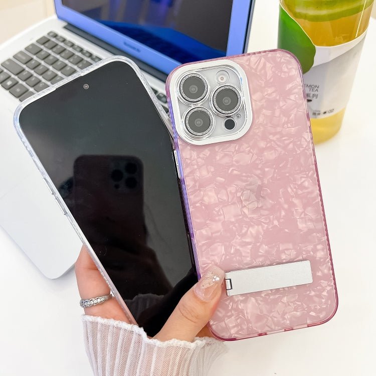 For iPhone 16e Plating Glitter Texture Fold Holder TPU Phone Case with Lens Film(White Feather Yarn) - iPhone 16e Cases by PMC TechLife | Online Shopping South Africa | PMC TechLife | Buy Now Pay Later Mobicred